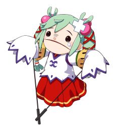  1girl bandaid bandaid_on_head black_eyes blush_stickers character_puppet crossed_bandaids frown game_asset green_hair hair_bobbles hair_ornament hair_ribbon hand_puppet hands_up ikkitousen ikkitousen_extra_burst japanese_clothes long_hair low-tied_long_hair non-web_source official_art outstretched_arms parted_lips puppet red_ribbon red_skirt ribbon self-datamine shirt shokatsuryou_koumei_(ikkitousen) sidelocks simple_background single_tear skirt sleeves_past_fingers sleeves_past_wrists solid_eyes solo spread_arms transparent_background twintails variant_set white_shirt 