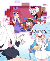  1boy 4girls aqua_hair aqua_halo aqua_serafuku arona_(blue_archive) black_coat black_skirt blue_archive blue_eyes blush_stickers braid button_eyes buttons caine_(the_amazing_digital_circus) cake choker clown coat colored_inner_hair commentary_request creammilk_tea crossover desk eating food fork fruit gloves gooseworx_(style) hairband halo hat highres holding holding_fork indoors long_hair long_sleeves looking_at_another looking_at_viewer mismatched_pupils multicolored_hair multiple_girls neckerchief on_desk parody pink_halo plana_(blue_archive) pleated_skirt pomni_(the_amazing_digital_circus) ragatha_(the_amazing_digital_circus) ragdoll red_hair sailor_collar school_desk short_hair sidelocks single_braid sitting skirt strawberry strawberry_shortcake style_parody surprised the_amazing_digital_circus two-tone_hair white_choker white_gloves white_hair white_neckerchief white_sailor_collar 