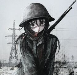  1girl absurdres black_hair brodie_helmet brown_eyes chito_(shoujo_shuumatsu_ryokou) cigarette coat combat_helmet facing_viewer green_coat grey_helmet gun gun_on_back helmet highres long_hair military_uniform power_lines shoujo_shuumatsu_ryokou sky smoking snowing solo_focus stuffbecauseidk upper_body weapon weapon_on_back white_sky 