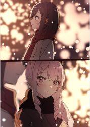  1girl 1other akiyama_mizuki blush brown_eyes brown_hair closed_mouth commentary highres long_hair mimi_5454_(mimi) parted_lips pink_eyes pink_hair project_sekai scarf shinonome_ena sidelocks smile snow upper_body winter 