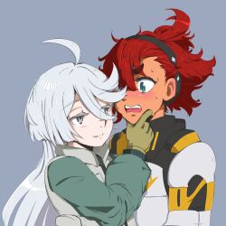  2girls ahoge black_hairband blue_eyes blush commentary_request ear_blush gloves green_gloves green_shirt grey_background grey_eyes grey_hair grey_vest gundam gundam_suisei_no_majo hairband hand_on_another's_chin highres long_hair looking_at_another miorine_rembran multiple_girls nervous_sweating open_mouth parted_lips red_hair shirt simple_background spacesuit suletta_mercury sweat thick_eyebrows vest xkaishaku yuri 