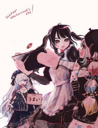  3girls apron bare_shoulders beret black_dress black_hair black_hat black_jacket black_pantyhose black_ribbon blue_dress blue_hairband bow colored_tips crescent crescent_necklace dress dress_bow frilled_apron frilled_dress frilled_hairband frilled_sleeves frills gothic_lolita grey_eyes hair_bow hair_over_one_eye hair_ribbon hairband happy_valentine hat highres holding holding_sketchbook holding_tray hoyama_hoya jacket jacket_partially_removed jewelry jogasaki_noah kurobe_nanoka lolita_fashion lolita_hairband long_hair long_sleeves mahou_shoujo_no_majo_saiban mittens multi-tied_hair multicolored_hair multiple_girls natsume_an-an necklace off-shoulder_dress off_shoulder one_eye_covered open_mouth pantyhose polka_dot polka_dot_bow ribbon simple_background sketchbook sleeve_bow smile streaked_hair tray twintails violet_eyes white_apron white_background white_hair wide_sleeves yellow_eyes 