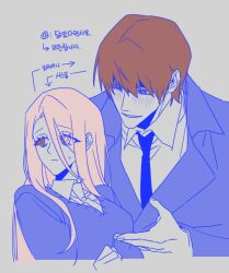  1boy 1girl adashino_adami bbabbamis2 brown_hair commentary_request grey_background hetero highres homicipher korean_commentary korean_text looking_at_another pink_hair red_eyes ringed_eyes simple_background sweater translation_request upper_body 