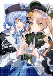  2girls :d artist_name bird_hat_ornament black_bow black_bowtie black_capelet black_flower black_hat black_rose blonde_hair blue_bow blue_bowtie blue_hair blue_necktie blue_skirt bonnet border bow bow_flower bowtie braid braided_hair_rings capelet closed_mouth collared_shirt commentary commission deerstalker dress flower frilled_capelet frilled_dress frilled_sleeves frills green_bonnet green_eyes grey_vest hair_bow hair_flower hair_ornament hair_rings hat hat_bow heart heart_hands heart_hands_duo highres holding_hands interlocked_fingers layered_dress lolita_fashion long_hair long_sleeves mahou_shoujo_no_majo_saiban male_focus merc4ury0 multiple_girls necktie open_mouth plaid_background plaid_clothes plaid_skirt rose sample_watermark shirt short_hair signature skirt smile tachibana_sherry tono_hanna twintails twitter_username two-tone_dress unmoving_pattern vest watermark white_border white_flower white_rose white_shirt wide_sleeves winged_hat yellow_eyes yellow_flower yellow_rose yuri 