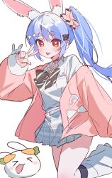  1girl :p absurdres animal_ear_fluff animal_ears bare_legs black_choker black_socks blue_hair blush bow bowtie braid cardigan carrot choker dot_nose earrings food_print fur-trimmed_sleeves fur_trim hair_between_eyes hair_bow hair_ornament hair_scrunchie hairclip high_side_ponytail highres hololive jewelry leg_up leg_warmers long_hair looking_at_viewer miniskirt multicolored_hair multiple_hairclips newda_al off_shoulder parallel_hairclips pekomon_(usada_pekora) pendant_choker pink_cardigan pink_scrunchie plaid_clothes plaid_skirt puffy_sleeves rabbit_ears rabbit_girl red_eyes scrunchie shirt shirt_tucked_in side_ponytail simple_background skirt socks solo striped_bow striped_bowtie striped_clothes thick_eyebrows tongue tongue_out two-tone_hair usada_pekora usada_pekora_(12th_costume) virtual_youtuber w white_background white_bow white_shirt 