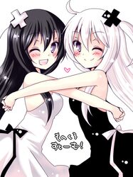  2girls black_hair black_vs_white blush heart long_hair looking_at_viewer meiya_neon mirror_opposites multiple_girls open_mouth simple_background smile symmetry translation_request violet_eyes white_background white_hair wink 