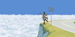  1girl absurdres animal_ears belt black_boots black_gloves boots brown_hair character_request check_character cliff clouds dancing from_side gloves highres horse_ears horse_girl horse_tail jacket long_hair looking_at_viewer myticalcat road road_sign scenery sign sky solo stay_gold_(sunlit_outsider)_(umamusume) stay_gold_(umamusume) tail umamusume wide_shot 