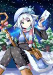  1girl akiyasu animal_ears bell black_legwear bow commentary_request green_eyes hat letter looking_at_viewer original short_hair sitting smile snow snowflakes snowing solo tail thigh-highs 