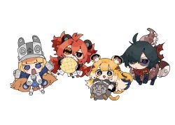  1boy 3girls @_@ animal_ear_fluff animal_ears bear_ears black_gloves black_hair blonde_hair braid bread byako_(srktn) chibi chibi_only closed_mouth commentary_request eyepatch fake_animal_ears fingerless_gloves food gloves green_eyes grey_hat hair_between_eyes hair_over_one_eye hat highres hu_wei_(zenless_zone_zero) ju_fufu koleda_belobog lighter_(zenless_zone_zero) long_hair long_sleeves melon_bread multiple_girls norma_hollowell open_mouth orange_hair red_hair red_scarf scarf side_braids simple_background smile tentacles tiger_ears tiger_girl torn_clothes torn_scarf white_background zenless_zone_zero 