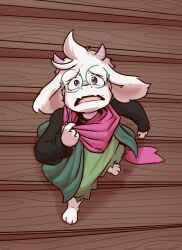  1boy azenzeph bridge clenched_hand crying deltarune english_commentary fangs floppy_ears furry furry_male goat_horns green_robe highres horns looking_at_viewer looking_up male_focus open_mouth pink_scarf ralsei robe round_eyewear scarf signature skin_fangs tears utdr_(toby_fox) white_fur wooden_bridge 