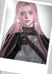  1girl absurdres alien_stage black_gloves black_jacket black_scarf commentary dated dress earrings floating_earrings glaze230797 gloves green_eyes highres jacket jewelry mizi_(alien_stage) necklace parted_lips pearl_necklace photo_(object) pink_hair scarf solo white_dress 