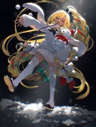  1girl absurdly_long_hair blonde_hair bow braid christmas closed_eyes fingernails full_body granblue_fantasy green_nails green_ribbon hair_ornament hair_scrunchie helel_ben_shalem helel_ben_shalem_(holiday)_(granblue_fantasy) highres kogome_(azalea4) long_hair long_sleeves open_mouth pacifier pleated_skirt pom_pom_(clothes) ribbon scarf scrunchie sharp_fingernails skirt smile snowflakes snowman solo sweater thigh-highs very_long_hair virtual_youtuber white_scarf white_skirt white_sweater white_thighhighs 