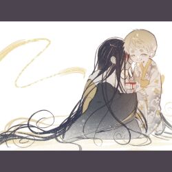  1boy 1girl absurdly_long_hair adashino_adami black_hair black_kimono blonde_hair blood blood_on_face colored_skin commentary deformed grey_kimono grey_skin hetero highres holding_hands homicipher japanese_clothes kimono kneeling letterboxed long_hair mr._crawling seiza short_hair simple_background sitting sweeeet_him untranslatable_commentary very_long_hair very_short_hair white_background 
