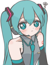  1girl aqua_eyes aqua_hair aqua_necktie bare_shoulders black_sleeves blush commentary_request detached_sleeves dot_nose grey_shirt hair_ornament hatsune_miku headset highres long_hair looking_at_viewer necktie portrait shirt shoulder_blush simple_background sleeveless sleeveless_shirt solo tina_muchimu twintails vocaloid white_background wing_collar 