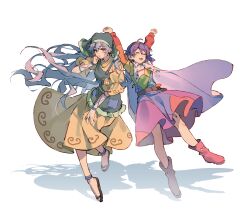  2girls absurdres apron arm_ribbon blue_hair boots brown_boots cape chinese_commentary commentary_request dress full_body green_apron green_headscarf hairband haniyasushin_keiki headscarf highres long_hair long_sleeves maisuiren multicolored_dress multicolored_hairband multiple_girls open_mouth patchwork_clothes purple_hair ribbon shadow single_strap tenkyuu_chimata touhou white_cape yellow_dress 