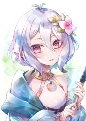  1girl antenna_hair bare_shoulders blush bridal_gauntlets collarbone elf flower grey_hair hair_between_eyes hair_flower hair_ornament holding holding_staff kogome_(azalea4) kokkoro_(princess_connect!) looking_at_viewer parted_lips pink_flower pointy_ears princess_connect! red_eyes short_hair smile solo staff twitter_username upper_body 
