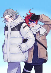  2boys :o ahoge alternate_costume aotsuki_eito arm_up black_gloves black_pants black_streaks blue_background blue_eyes blush brown_jacket coat commentary_request glasses gloves gradient_background grey_hair hand_on_another's_arm hands_in_pockets highres jacket looking_at_another looking_at_viewer male_focus multicolored_hair multiple_boys nose_blush open_clothes open_jacket pants red_hair scarf seiran_yoroz short_hair streaked_hair sumino_takumi the_hundred_line_-last_defense_academy- two-tone_hair violet_eyes white_coat white_pants white_scarf winter_clothes 
