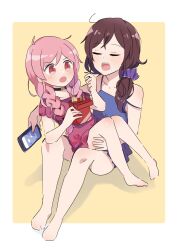  2girls barefoot blush bottomless braid braided_sidelocks brown_hair cellphone choker closed_eyes commentary_request dead_apostle_noel_(tsukihime) dress dual_persona food frilled_sleeves frills hair_ornament hair_scrunchie highres holding holding_food holding_phone holding_pocky knee_up kouta_(kesigomutopen) mole mole_under_mouth multiple_girls noel_(tsukihime) phone pink_dress pink_hair pocky pocky_box purple_dress red_eyes scrunchie short_sleeves side_ponytail sidelocks sitting sitting_on_lap sitting_on_person smartphone strapless strapless_dress teeth thighs time_paradox tsukihime tsukihime_(remake) upper_teeth_only 