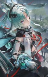  absurdres animal_ears arcane_(arknights) arknights arknights:_endfield armlet bird_ears bird_girl bracelet cape commentary dragon_tail eastern_dragon_tail endministrator_(arknights) facial_mark female_endministrator_(arknights) floating floating_gun floating_object floating_weapon forehead_mark gloves head_wings headband highres jewelry layered_sideboob miyano_haruto multicolored_cape multicolored_gloves parted_hair ponytail red_thighhighs split_ponytail sword_fingers tail thigh-highs two-sided_cape two-sided_fabric two-sided_gloves two-tone_cape two-tone_gloves wings 