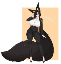  1girl absurdres animal_ear_fluff animal_ears arm_at_side black_pants breasts button_gap buttons contrapposto fox_ears fox_girl fox_tail full_body glasses gold_trim hair_over_one_eye hand_in_own_hair high_heels highres huge_breasts jacket kitsune krass large_tail looking_at_viewer original pant_suit pants parted_lips shirt signature simple_background single_hair_streak solo suit suit_jacket suit_pants tail white_shirt yellow_eyes yin_(krass) 