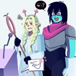  1girl 2boys ? absurdres ant_tenna antlers aqua_skin armor black_hair black_mittens bobamiruku braid capelet colored_skin commentary cosplay deer_antlers deltarune dungeon_meshi english_commentary green_eyes highres holding holding_staff horns kris_(deltarune) kris_(deltarune)_(cosplay) laios_touden marcille_donato mittens multiple_boys noelle_holiday noelle_holiday_(cosplay) open_mouth pointy_ears robe side_braids spoken_character staff susie_(deltarune) utdr_(toby_fox) white_capelet white_robe yellow_eyes 