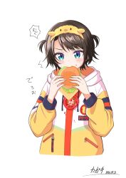  1girl absurdres biting black_hair blue_eyes blush burger cheese commentary_request cropped_torso dated eating food hairband highres holding holding_burger holding_food hololive hood hood_down hoodie lettuce looking_at_viewer oozora_subaru oozora_subaru_(loungewear) short_hair short_twintails signature simple_background solo sound_effects sound_effects_only sweat tobikagachi tomato tomato_slice twintails virtual_youtuber white_background yellow_hairband 