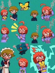>_< 1boy 1girl :d ? ahoge alternate_costume black_shirt blush brother_and_sister brown_eyes brown_hair cellphone chan_chiho character_request collared_shirt commentary_request crossdressing electrocution enmaided glasses green_background hair_ornament hairclip hands_up harumi_(pokemon) highres holding holding_phone holding_pokemon kuwagata_zaurus maid misdreavus notice_lines one_eye_closed open_mouth orange_hair phone pichu pokemon pokemon_(creature) pokemon_kids_tv rotom rotom_phone shirt siblings smartphone smile sweatdrop translation_request