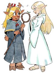  2girls animal_ears blonde_hair blue_capelet blue_robe brown_eyes capelet choker commentary_request cosplay crossover deer_ears deer_girl deltarune drawloverlala dungeon_meshi elf furry furry_female green_eyes hand_on_own_chest highres holding holding_staff hood hooded_capelet hooded_robe hooves long_hair marcille_donato marcille_donato_(cosplay) multiple_girls noelle_holiday noelle_holiday_(cosplay) open_mouth pointy_ears ponytail red_choker robe sandals smile spanish_commentary staff utdr_(toby_fox) white_robe 