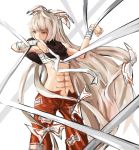  1girl abs bandages bow fiend fujiwara_no_mokou grey_hair hair_bow highres long_hair long_pants orange_eyes red_eyes sarashi six_pack solo sweater_vest tied_up touhou unzipped very_long_hair 