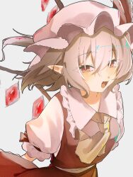  1girl ascot blonde_hair blush breasts collared_shirt commentary crystal crystal_wings flandre_scarlet frilled_shirt_collar frills grey_background hair_between_eyes hat hat_ribbon highres large_breasts midriff mob_cap nanashi_1104 one_side_up open_mouth pointy_ears puffy_short_sleeves puffy_sleeves red_eyes red_skirt red_vest ribbon shirt short_sleeves simple_background skirt skirt_set smile solo touhou vest white_hat white_shirt wings yellow_ascot 