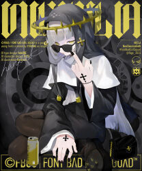  1girl artist_name bag black_bag black_boots black_choker black_dress black_headdress black_nails blunt_bangs boots brown_pantyhose can character_name choker closed_mouth commentary_request copyright_name dress drink_can dual_persona english_text eyelashes face_piercing fingernails font_bad_girl_squad full_body grey_hair guimpe halo hand_tattoo harutask highres lips long_hair mouth_piercing nail_polish necla_(fbgs) nun nun_headdress official_art pale_skin pantyhose personification piercing second-party_source signature sitting solo spiked_boots spiked_halo tattoo variant_set yellow_eyes yellow_halo 
