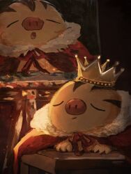  :o animal_focus black_background brown_fur cape closed_eyes crown full_body fur_collar gold_crown highres looking_at_viewer lying no_humans oguraan pokemon pokemon_(creature) pokemon_focus red_cape red_ribbon ribbon simple_background swinub 