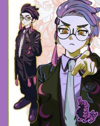  1boy :< antennae black_jacket black_pants border bug centipede chibi chibi_inset collared_shirt corbeau_(pokemon) eyewear_strap full_body highres jacket looking_at_viewer male_focus mega_stone multiple_views necktie open_clothes pants parted_hair pointing pointing_at_viewer pokemon pokemon_(creature) purple_border purple_hair purple_shirt purple_shoes red_pupils round_eyewear scolipede shirt shoes short_hair short_sideburns sideburns simple_background solo_focus standing tami_tome_mo white_background white_necktie yellow_eyes 