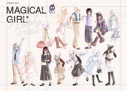 6+girls alternate_costume animal_hat animal_print artist_name bag black_boots black_hair black_necktie black_shirt black_shoes black_skirt black_socks blonde_hair blue_eyes blue_hair bonnet boots braid braided_hair_rings brown_boots brown_hat butterfly_print cat_hat closed_mouth collared_shirt colored_inner_hair colored_tips copyright_name crescent crescent_necklace cross cross_necklace curtained_hair dress everyone full_body gokuchou gradient_hair green_eyes grey_eyes grey_hair hair_ornament hair_over_one_eye hair_rings hands_in_pockets hasumi_leia hat heterochromia highres hikami_meruru holding holding_bag housho_margo hoyama_hoya jewelry jogasaki_noah kurobe_nanoka leg_belt long_hair long_sleeves loose_socks mahou_shoujo_no_majo_saiban multi-tied_hair multicolored_hair multiple_girls natsume_an-an necklace necktie nikaido_hiro one_eye_covered open_mouth orange_eyes orange_streaks pants pink_eyes pink_hair pink_shoes plaid_clothes plaid_pants plaid_skirt pleated_skirt polka_dot polka_dot_shirt red_eyes red_hair saeki_miria sakuraba_ema sawatari_coco shirt shito_alisa shoes short_hair shorts signature simple_background skirt sleeveless sleeveless_dress smile socks streaked_hair tachibana_sherry tono_hanna twintails twitter_username violet_eyes white_background white_bonnet white_dress white_hair white_headdress white_pants white_shirt white_shoes white_shorts white_socks x_hair_ornament yellow_eyes 
