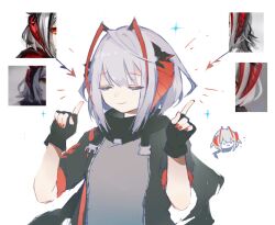  1girl :3 ahoge antennae arknights black_gloves black_jacket black_scarf blush chibi chibi_inset closed_eyes demon_girl demon_horns fingerless_gloves gloves grey_hair grey_shirt highres horns index_fingers_raised jacket open_clothes open_jacket scarf shirt short_hair shuuyakikou simple_background solo w_(arknights) white_background 