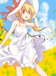  1girl alternate_costume blonde_hair bow clouds dress flandre_scarlet hand_on_headwear hat open_mouth petals red_eyes short_hair side_ponytail sky solo sundress taishi_(moriverine) touhou wind wings 