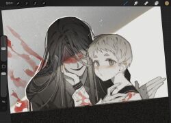  1boy 1girl adashino_adami art_program_in_frame black_hair black_kimono blood blood_on_clothes blood_on_face commentary_request grey_eyes grey_hair hand_on_another's_cheek hand_on_another's_face hand_on_own_chest hetero highres homicipher japanese_clothes kimono korean_commentary long_hair looking_at_viewer mr._crawling school_uniform serafuku short_hair sweater sweeeet_him upper_body very_short_hair 