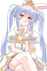  1girl :p ama_(ama_ekaku) animal_ear_fluff animal_ears arm_on_own_leg back_bow blue_hair blush bow braid braided_base carrot cleavage_cutout clothing_cutout crossed_legs dot_nose double-parted_bangs earrings elbow_rest feet_out_of_frame finger_to_cheek flower frilled_gloves frilled_sleeves frills fur-trimmed_gloves fur_collar fur_trim gem gloves gold_bowtie gold_tiara gold_trim hair_between_eyes hand_up head_tilt highres hikimayu hololive index_finger_raised jewelry large_bow long_hair looking_at_viewer multicolored_hair official_alternate_costume official_alternate_hairstyle orange_eyes orange_flower orange_gem pink_gem pom_pom_(clothes) pom_pom_earrings puffy_short_sleeves puffy_sleeves rabbit-shaped_pupils rabbit_ears rabbit_girl shirt short_eyebrows short_sleeves sidelocks simple_background sitting skirt skirt_set smile solo square_neckline symbol-shaped_pupils thick_eyebrows thigh-highs tongue tongue_out twintails twintails_with_braided_base two-tone_hair usada_pekora usada_pekora_(pekoland_princess) very_long_hair virtual_youtuber white_background white_bow white_gloves white_hair white_shirt white_skirt white_thighhighs 