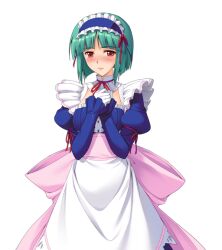  1girl apron blush bow closed_mouth dress fuuki_iinchou_seira game_asset gloves green_hair hairband hourai_orihime ishigaki_takashi large_variant_set long_sleeves maid maid_headdress non-web_source official_art own_hands_together puffy_sleeves red_eyes ribbon self-datamine short_hair simple_background solo tachi-e transparent_background variant_set white_gloves 