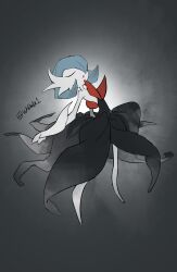  1girl alternate_color artist_name black_dress blue_hair bob_cut closed_eyes colored_skin dress gardevoir hair_over_one_eye highres mega_gardevoir mega_pokemon pokemon pokemon_(creature) shiny_pokemon strapless strapless_dress whfhdk1 white_skin 