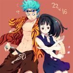  1boy 1girl black_hair blue_eyes blue_hair blush bottle brown_eyes cola confused dress franky guttary long_hair male_underwear muscle nico_robin one_piece pants ponytail shirt short_hair simple_background spiky_hair underwear undressing younger 