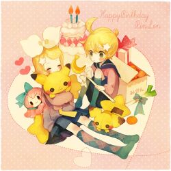 1boy 1girl :3 ahoge bad_id bad_pixiv_id birthday blonde_hair blush bow box brother_and_sister cake cameo candle closed_eyes food fruit green_eyes hair_bow hair_ornament happy heart hug kagamine_len kagamine_rin megurine_luka mikan_box orange_(fruit) pastry pechika pichu pikachu pokemon pokemon_(creature) school_uniform short_hair shorts siblings sitting skirt smile socks stuffed_animal stuffed_toy takoluka vocaloid wand