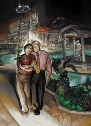  2boys absurdres black_hair black_pants blonde_hair blue_eyes bubble building chinese_commentary collared_shirt commentary_request hair_slicked_back highres lycaenopsis male_focus multiple_boys necktie original outdoors pants pink_shirt plant polo_shirt pool red_eyes sandals scenery shirt short_sleeves statue yellow_necktie 