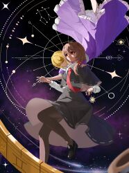  2girls absurdres asymmetrical_hair black_capelet black_hat black_pantyhose black_shoes black_skirt bow brown_hair capelet closed_eyes closed_mouth collared_shirt commentary_request constellation dress floating four-pointed_star frilled_dress frills gemini_(constellation) gemini_(zodiac) hair_bow hand_on_another's_shoulder hat highres holding_hands loafers long_sleeves maribel_hearn medium_hair missing_headwear multiple_girls necktie orbital_path pantyhose purple_dress red_bow red_eyes red_necktie ribbon-trimmed_capelet ribbon-trimmed_skirt ribbon_trim saturn_(planet) shirt shirt_tucked_in shoes signature skirt smile space touhou unworn_hat unworn_headwear usami_renko white_shirt yrenkun zodiac zodiac_wheel 
