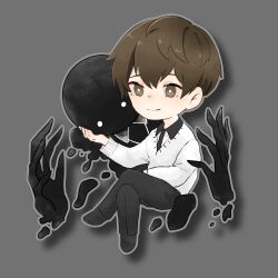  2boys black_pants brown_eyes brown_hair chibi chibi_only commentary_request deemo deemo_(character) dual_persona grey_background grey_outline h_hiems hans_(deemo) highres korean_commentary multiple_boys outline pants sweater white_sweater 