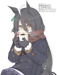  1girl ahoge animal_ears black_gloves black_hair brown_eyes buttons commentary_request cup double-breasted ear_tag earrings enpera fur-trimmed_gloves fur_trim gloves hair_between_eyes hands_up highres holding holding_cup horse_ears horse_girl horse_tail jewelry legion_(fox3498) long_hair long_hair_between_eyes looking_at_viewer manhattan_cafe_(umamusume) mug multicolored_hair notice_lines plaid_clothes pleated_skirt purple_skirt red_scarf revision scarf school_uniform simple_background single_earring sitting skirt solo steam tail tracen_school_uniform tracen_winter_coat umamusume very_long_hair watermark white_background white_hair winter_uniform 