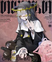  1girl arm_tattoo artist_name backpack bag black_boots black_choker black_dress black_headdress black_nails blunt_bangs boots brown-tinted_eyewear brown_pantyhose can character_name choker commentary_request copyright_name dress drink_can drinking_straw english_text eyelashes face_piercing fingernails font_bad_girl_squad full_body grey_hair grin guimpe halo hand_tattoo harutask highres holding holding_knife holding_weapon jewelry knife leg_tattoo long_hair long_sleeves mouth_piercing nail_polish necklace necla_(fbgs) nun nun_headdress official_art pale_skin pantyhose personification piercing pink_bag second-party_source signature sitting smile solo spiked_boots spiked_halo strong_zero sunglasses tattoo teeth tinted_eyewear torn_clothes torn_pantyhose variant_set weapon yellow_eyes yellow_halo 