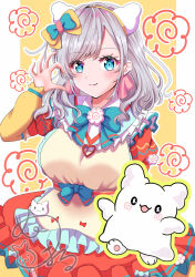  1girl absurdres arm_warmers blue_eyes bow breasts ceras_yanagida_lilienfeld closed_mouth commentary_request cowboy_shot dress grey_hair hair_bow hair_ribbon half-heart_hands hanamaru hanamaruobake highres large_breasts long_hair looking_at_viewer love_live! love_live!_hasu_no_sora_jogakuin_school_idol_club maymaru pink_ribbon puffy_short_sleeves puffy_sleeves red_dress ribbon sanrio short_sleeves signature smile solo yellow_arm_warmers yellow_background yellow_bow 