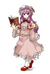  1girl :c amonitto blue_eyes book capelet crescent dress hair_ornament long_hair long_sleeves mob_cap patchouli_knowledge pink_dress purple_hair reading red_shoes sash shoes simple_background solo touhou very_long_hair walking white_background wide_sleeves 