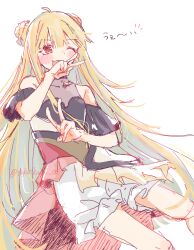  1girl absurdres ahoge bare_shoulders blonde_hair cho_kaguya-hime! commentary double_bun double_v fang hair_bun highres kaguya_(cho_kaguya-hime!) kaguya_(return)_(cho_kaguya-hime!) long_hair one_eye_closed open_mouth red_eyes simple_background sketch skin_fang solo v very_long_hair wagariro white_background 